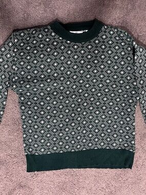 Men's Crewneck Sweater – Dark Green and White Geometric